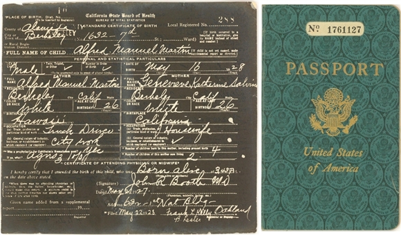 Lot of (2) Billy Martin Birth Certificate Copy & Signed USA Passport (Beckett)